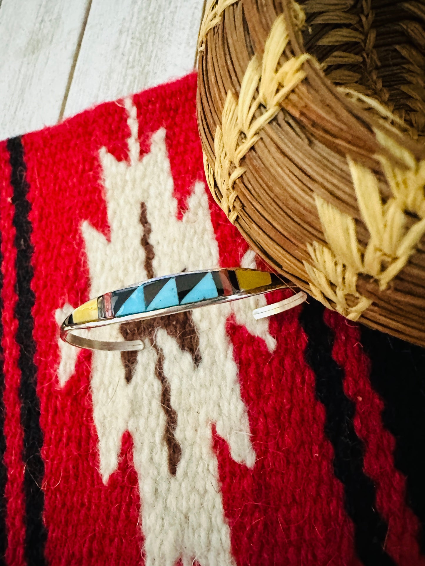 Zuni Sterling Silver & Multi Stone Inlay Cuff Bracelet