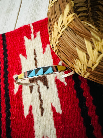 Zuni Sterling Silver & Multi Stone Inlay Cuff Bracelet