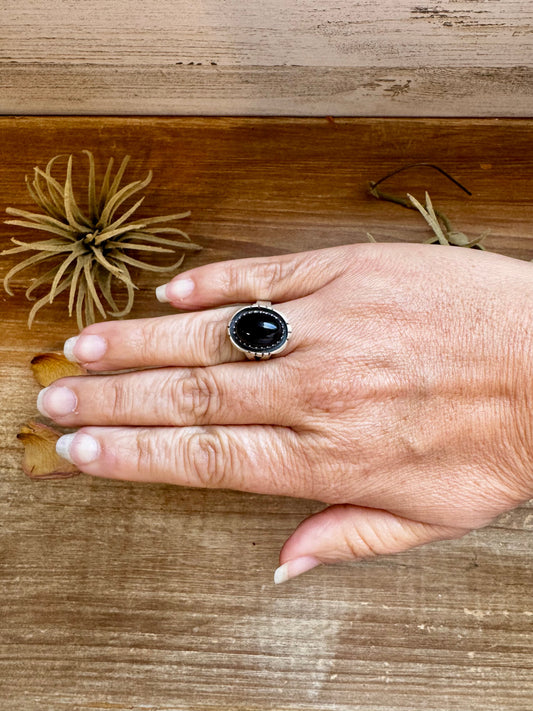 Adjustable Ring – Black Onyx – Sterling Silver – Oval Shape