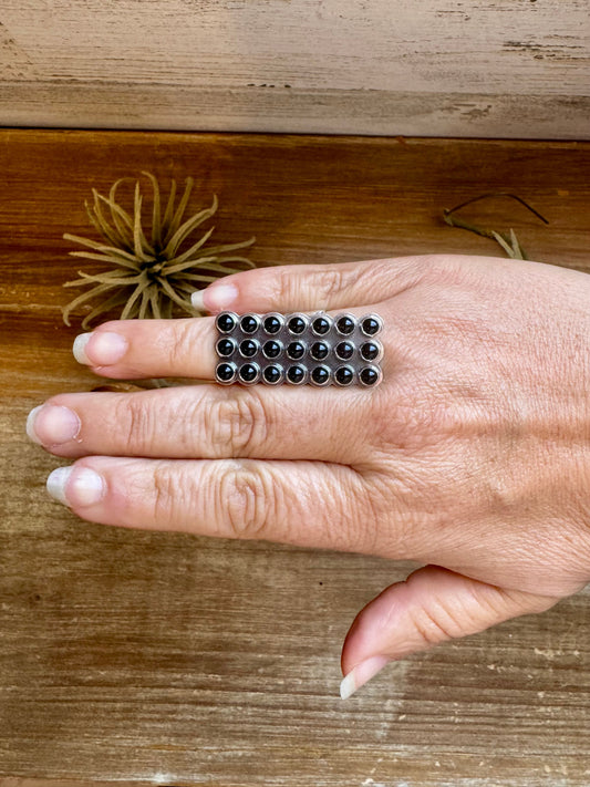 Adjustable Black Onyx Ring – Rectangle Shape – Sterling Silver