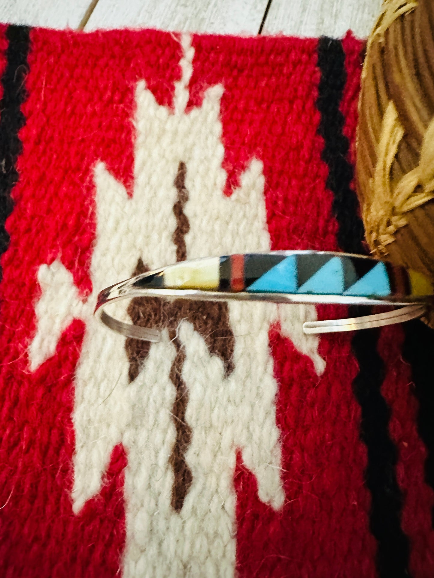 Zuni Sterling Silver & Multi Stone Inlay Cuff Bracelet