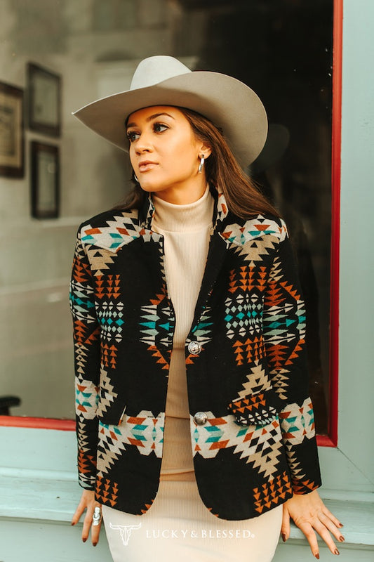 Black Aztec Button Down Blazer