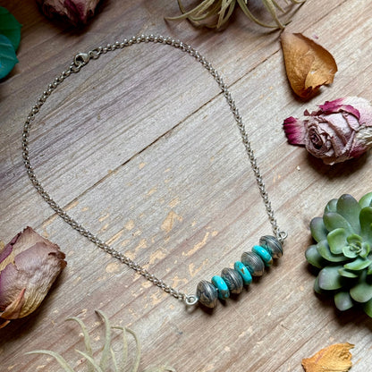 87 - Sterling Silver Kingman Turquoise & Mercury Dime Bar Necklace by Jason Ogg