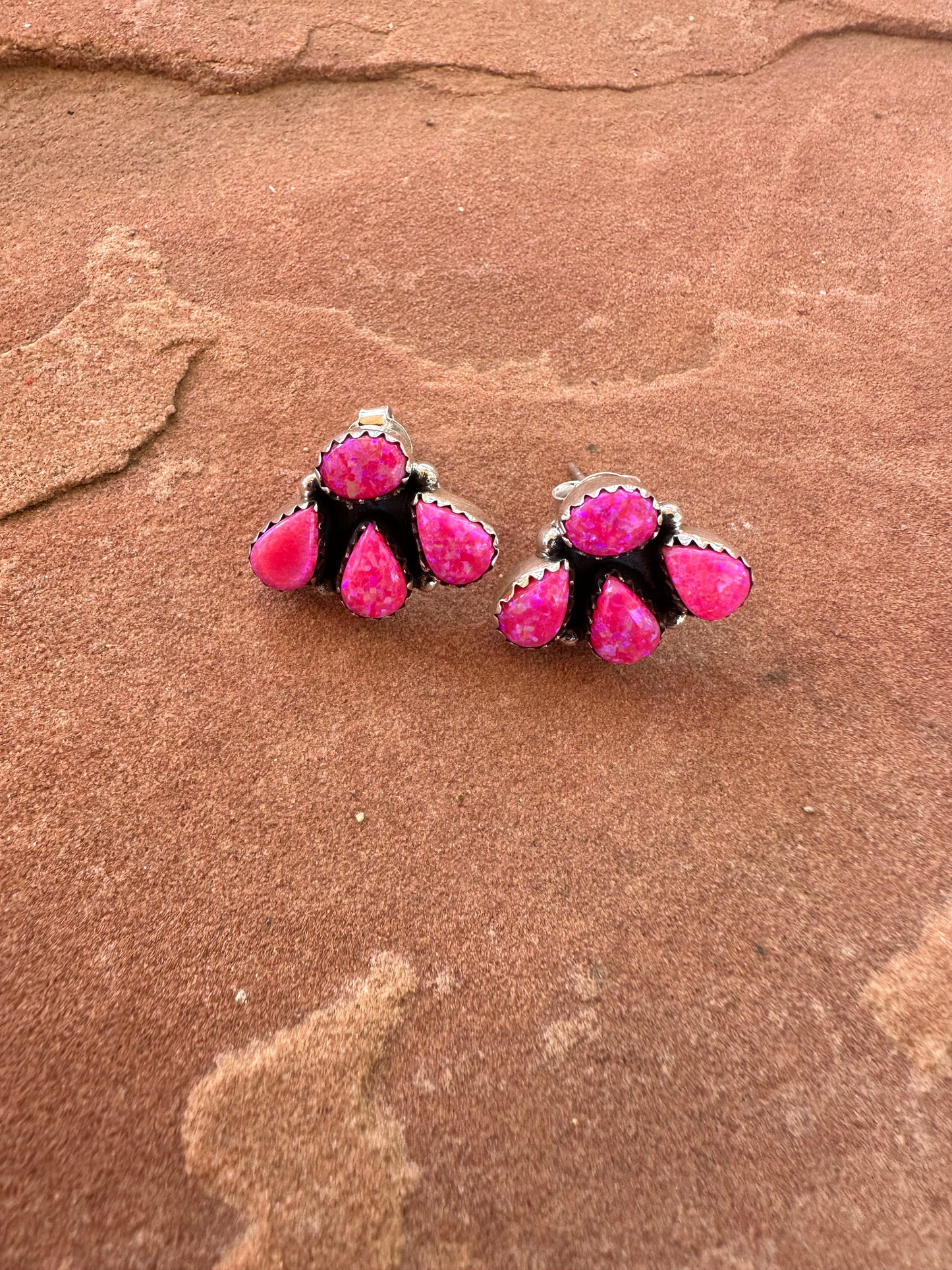 Nizhoni “The Backroads”  MINIS Hot Pink Fire Opal & Sterling Silver 4 Stone Earrings Handmade