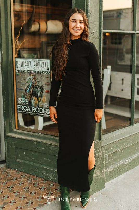 Black Ribbed Long Sleeve Turtle Neck Dress W Slit Hem