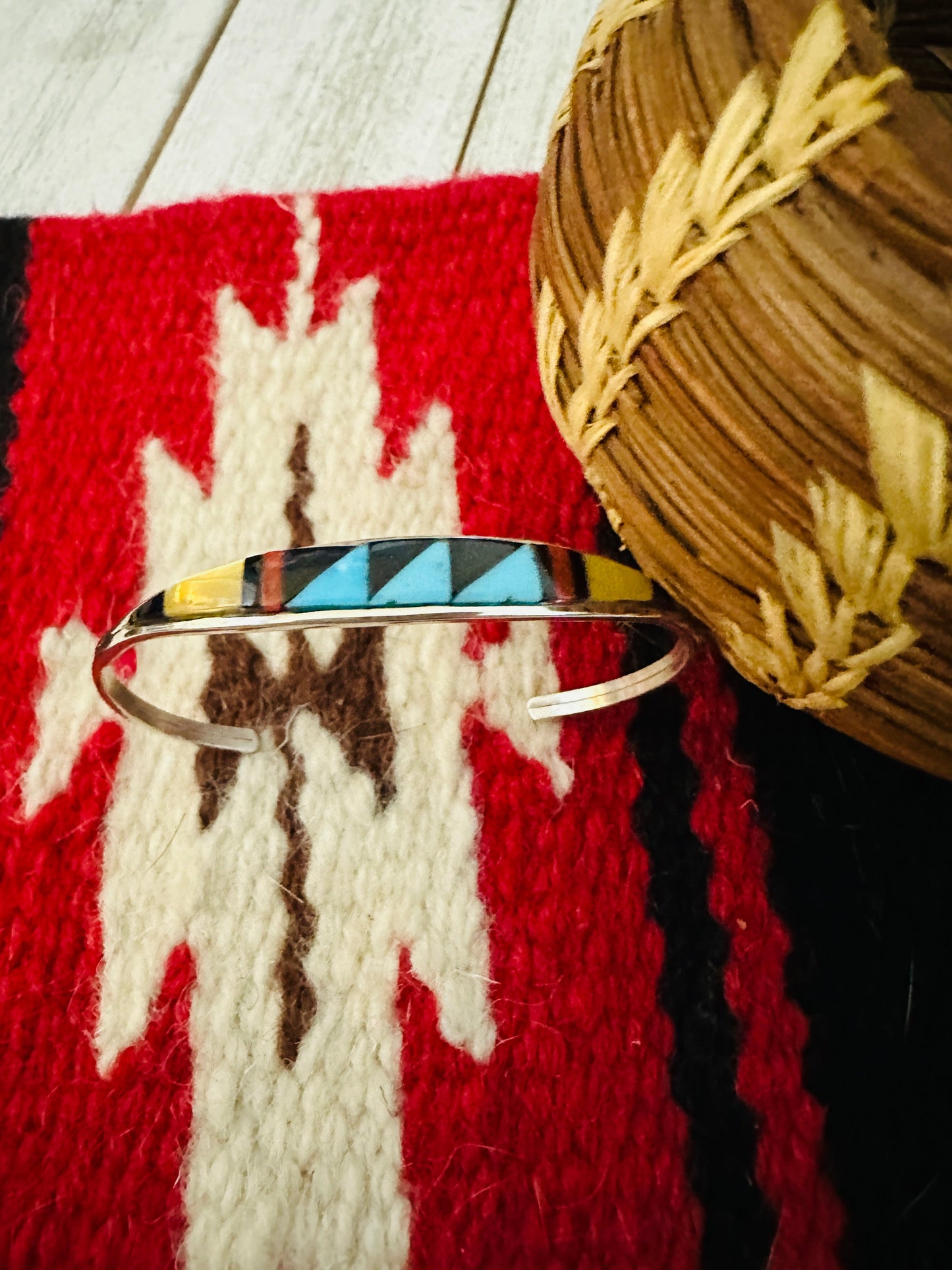 Zuni Sterling Silver & Multi Stone Inlay Cuff Bracelet