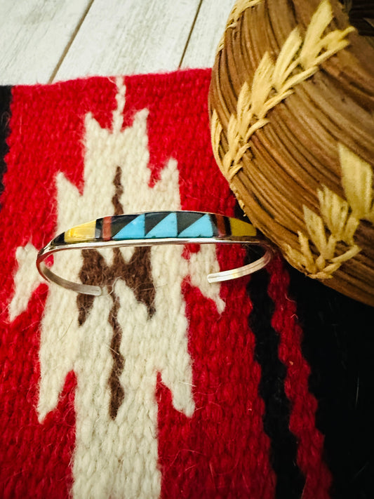 Zuni Sterling Silver & Multi Stone Inlay Cuff Bracelet