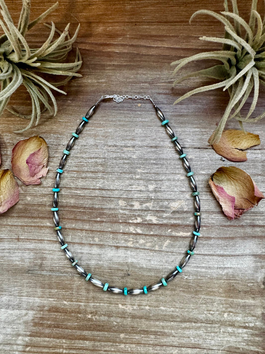 14-Inch Sterling Silver Torpedo & Blue/Green Mexican Turquoise Choker