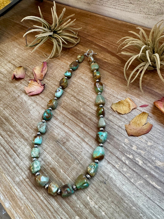 18-Inch Chunky Turquoise Nugget Necklace with Sterling Silver Pearls