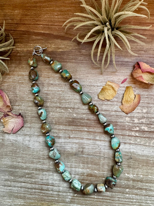 18-Inch Chunky Turquoise Nugget Necklace with Sterling Silver Pearls