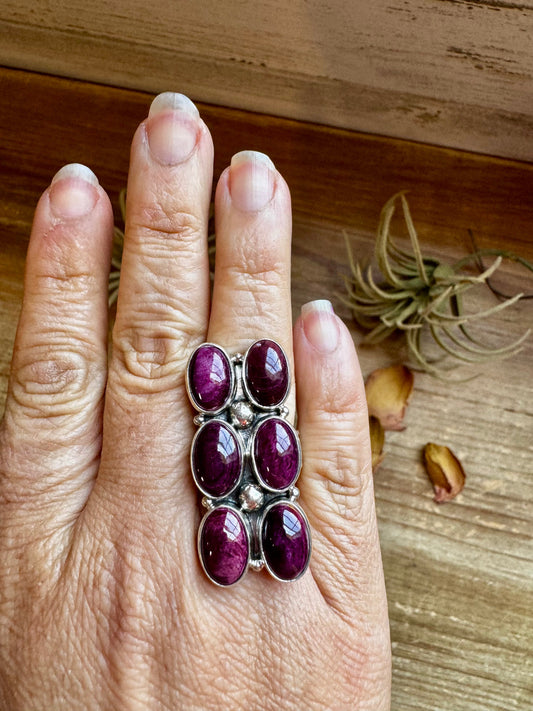 6-Stone Purple Spiny Oyster Ring – Size 8, Big Band, USA Made