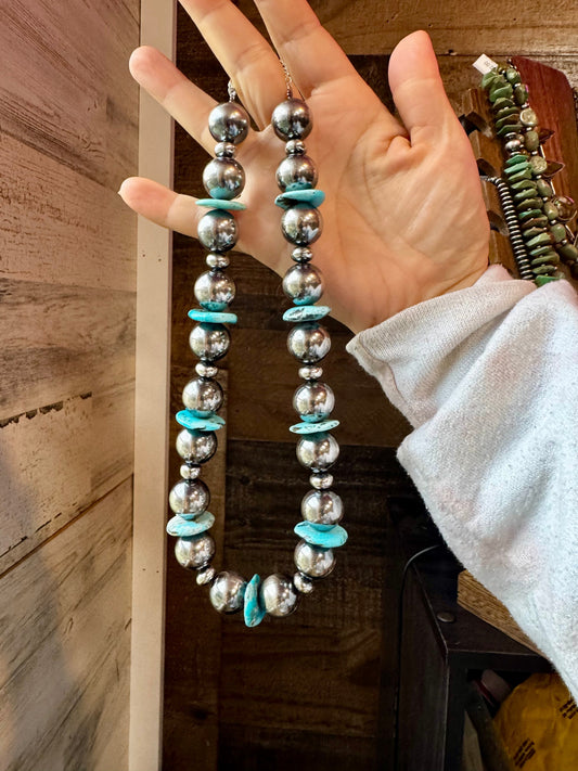 17-Inch Statement Necklace with 16mm Sterling Pearls & Blue Turquoise Heish