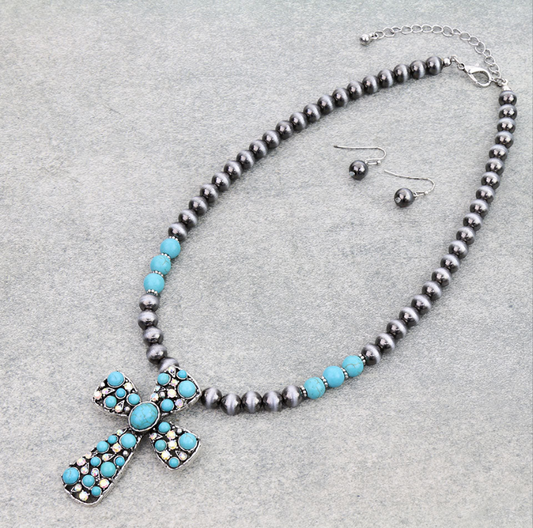 Western Cross with Stone Necklace Set