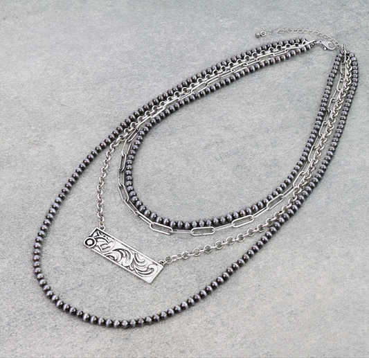 4 Layered  Style Pearl with Bar Necklace