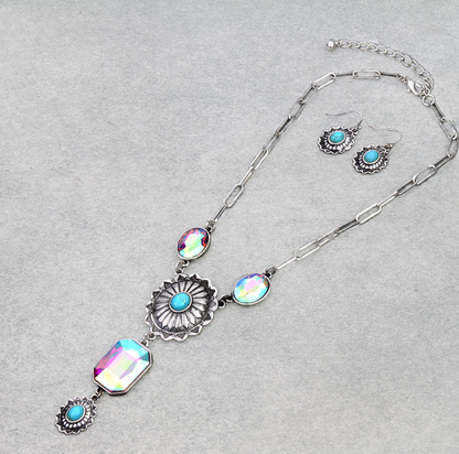 Western Concho Stone Y Necklace Set