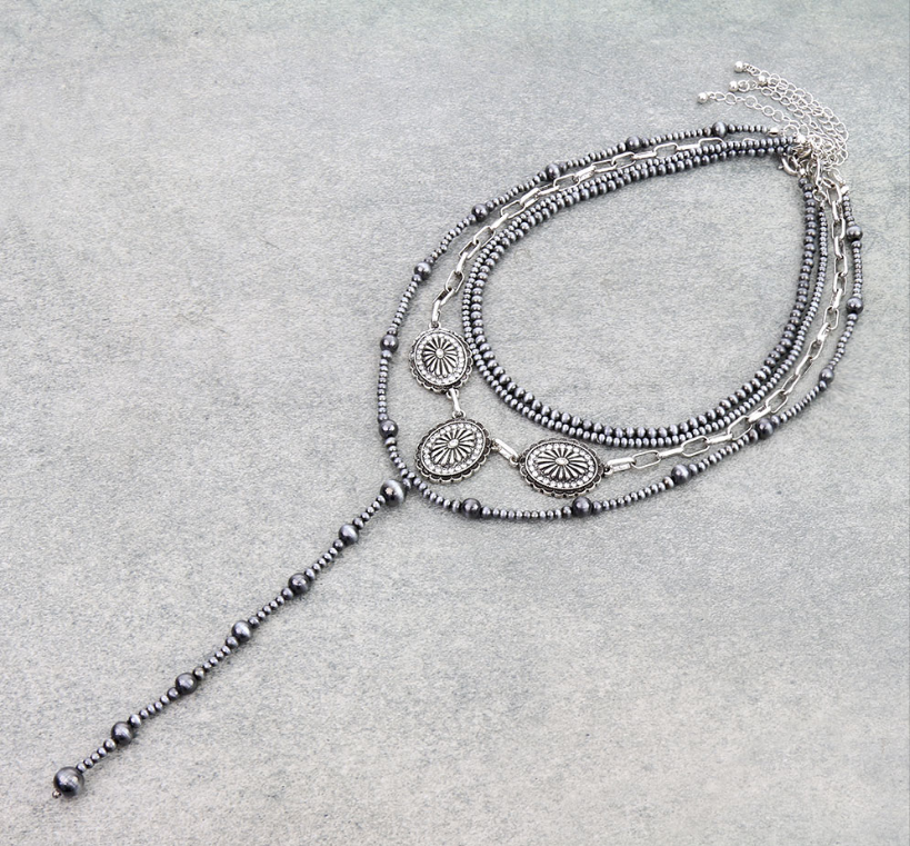 Multi Layered Western Bead & Chain Necklace – Concho