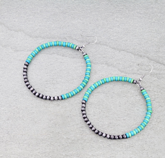 Navajo Style Pearl & Bead Round Dangle Earrings