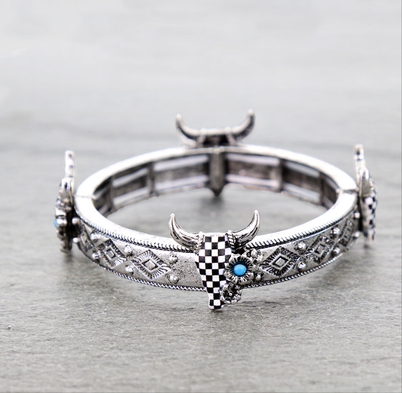 Western Checker Steer Skull Stretch Bracelet