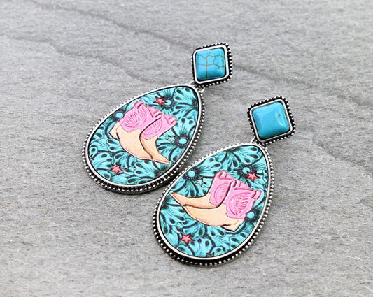 Western Cowboy Boots Embossed Leather Stud Earrings