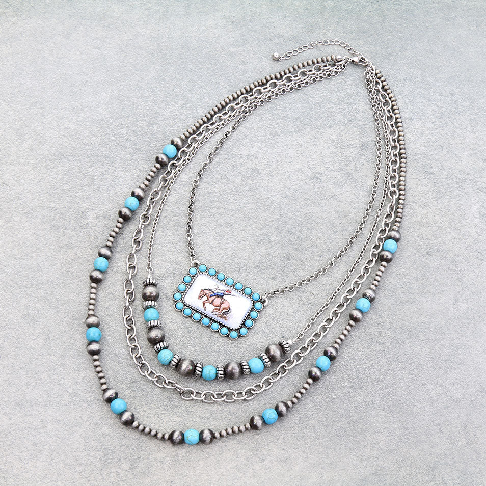 4 Layered Western Rodeo Print Stone Necklace