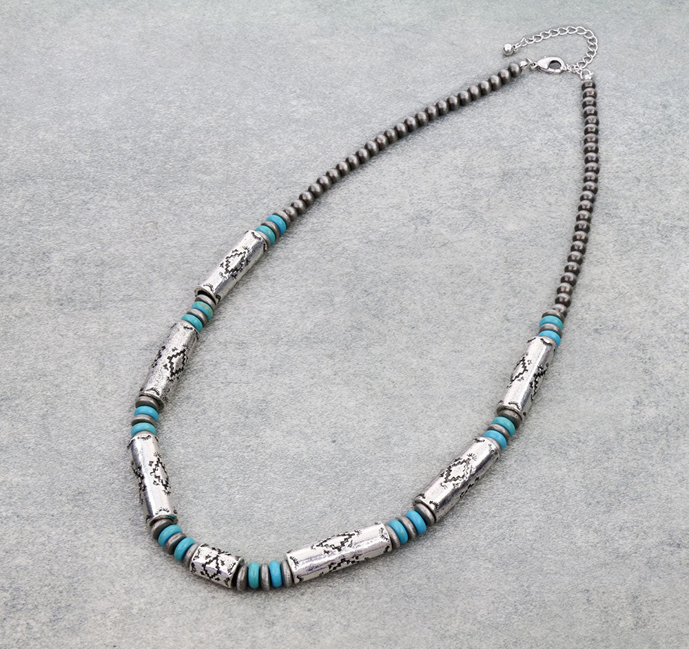 Western Navajo Style Pearl and Aztec Barrel Bead Necklace