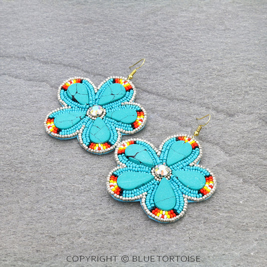 Western Flower Seed Bead Stone Dangle Earrings
