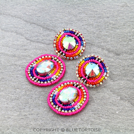 Western Round Seed Bead Stone Stud Earrings