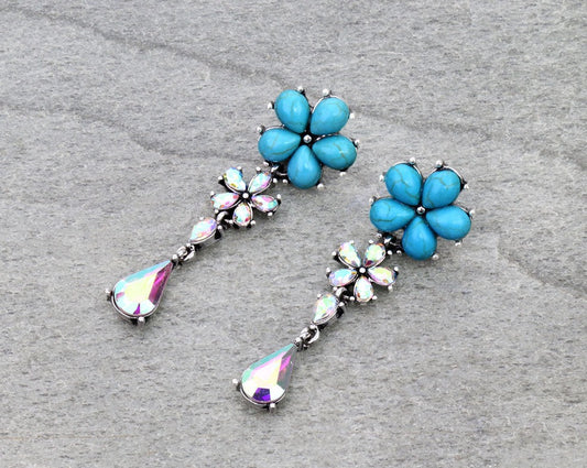 Flower Stone Drop Stud Earrings