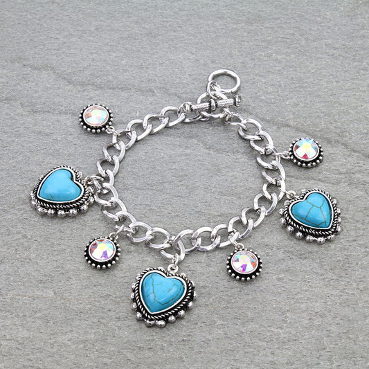 Heart Stone Multi Charm Toggle Bracelet