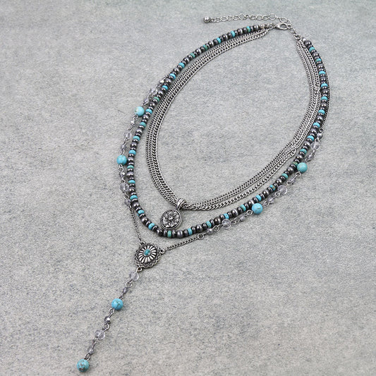 3 Layered Western Concho Y Necklace