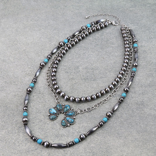 3 Layered Western Squash Blossom Stone Necklace