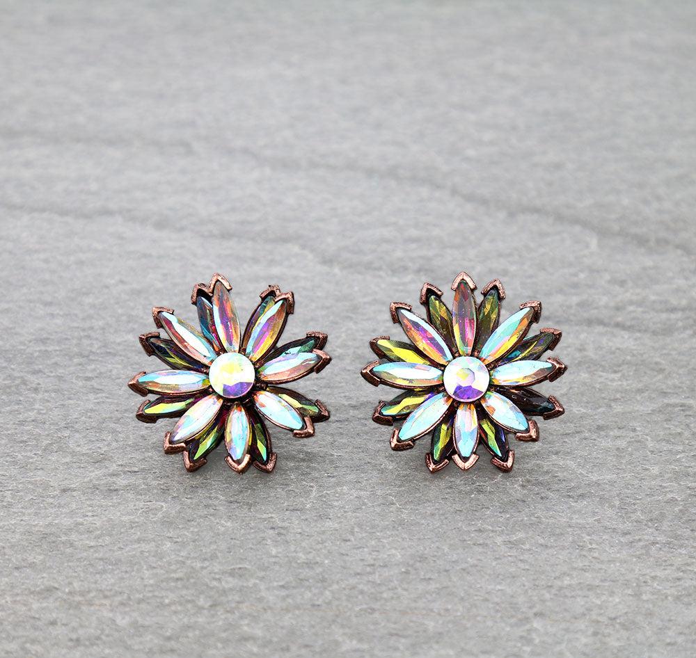 Western Sunflower Stone Stud Earrings  Burnished Silver Color with AB Stone