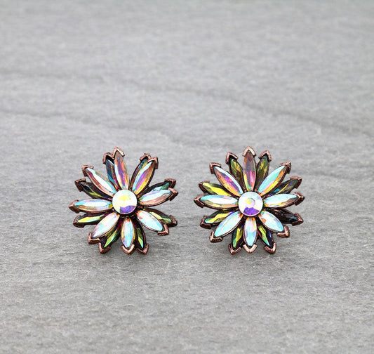 Western Sunflower Stone Stud Earrings  Burnished Silver Color with AB Stone