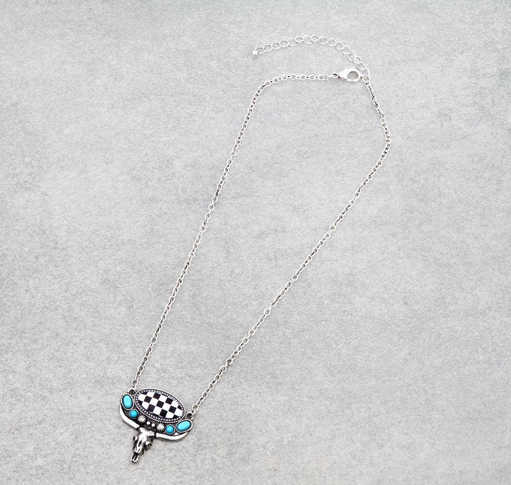 Checker Pattern Oval with Steer Skull Necklace