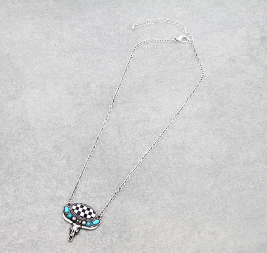 Checker Pattern Oval with Steer Skull Necklace