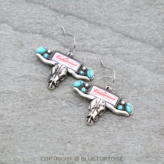 Western Steer Skull with Beer Logo Dangle Earrings
