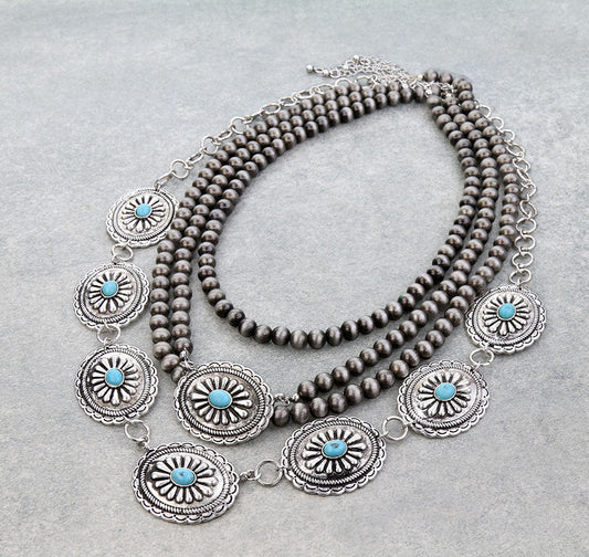 4 Layered Western Concho Stone Necklace