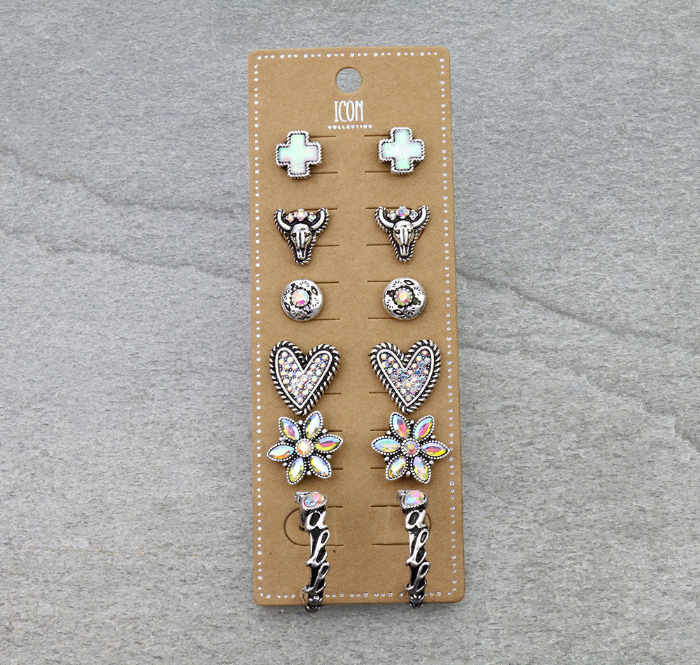 6 Pair Western Design Stud Earring Set