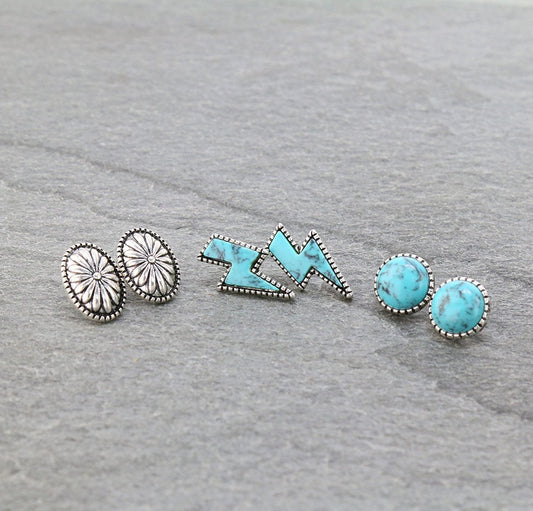 3 Pair Thunder Stone Earring Set