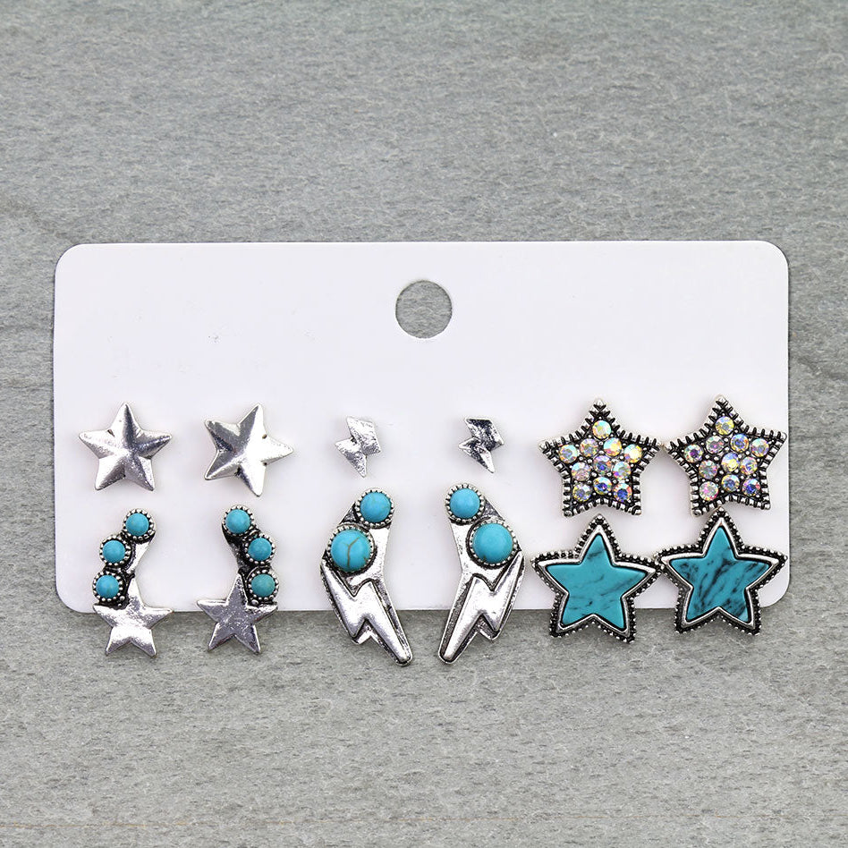 6 Pair Western Design Stud Earring Set