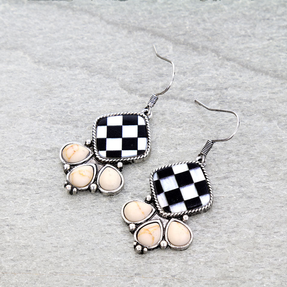 Western Checker Cushion Stone Dangle Earrings