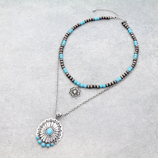 2 Layered Navajo Style Pearl & Concho Necklace