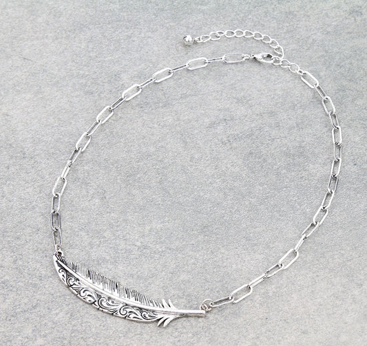 Western Feather Metal Bar Necklace