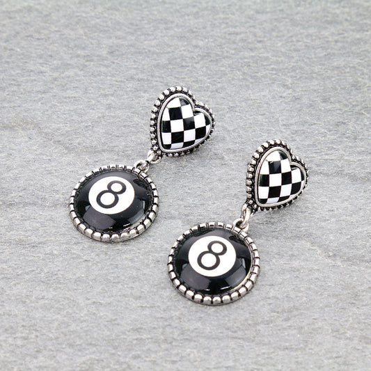 8 Ball with Checker Heart Stud Earrings