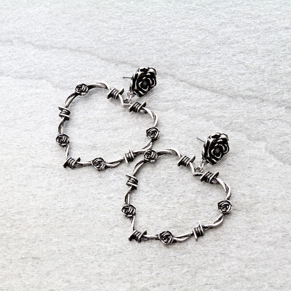 Western Barbed Heart & Rose Stud Earrings