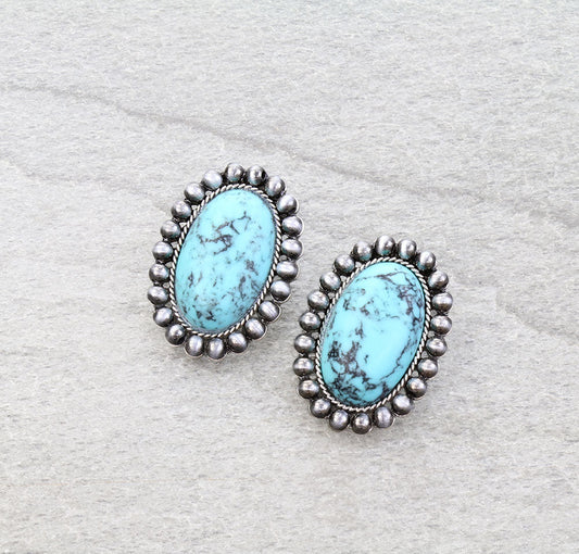 Navajo Style Pearl Oval Stone Stud Earrings