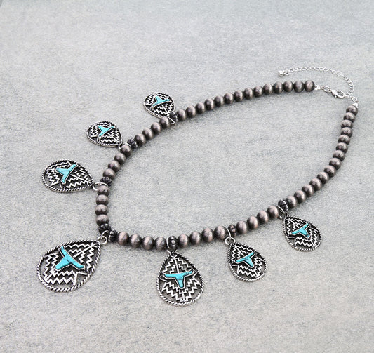 Western Aztec Steer Skull Charm Statement Necklace