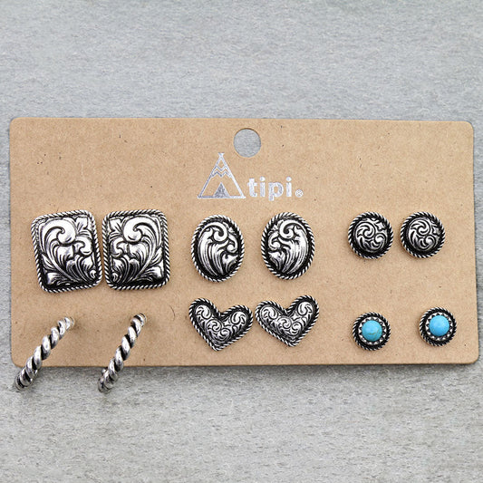 6 Pair Western Floral Stud Earring Set