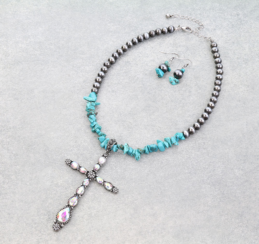 Western Cross Stone Pendant Necklace Set