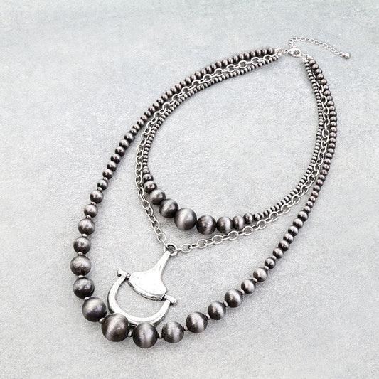 3 Layered Western Horsebit & Pearl Necklace